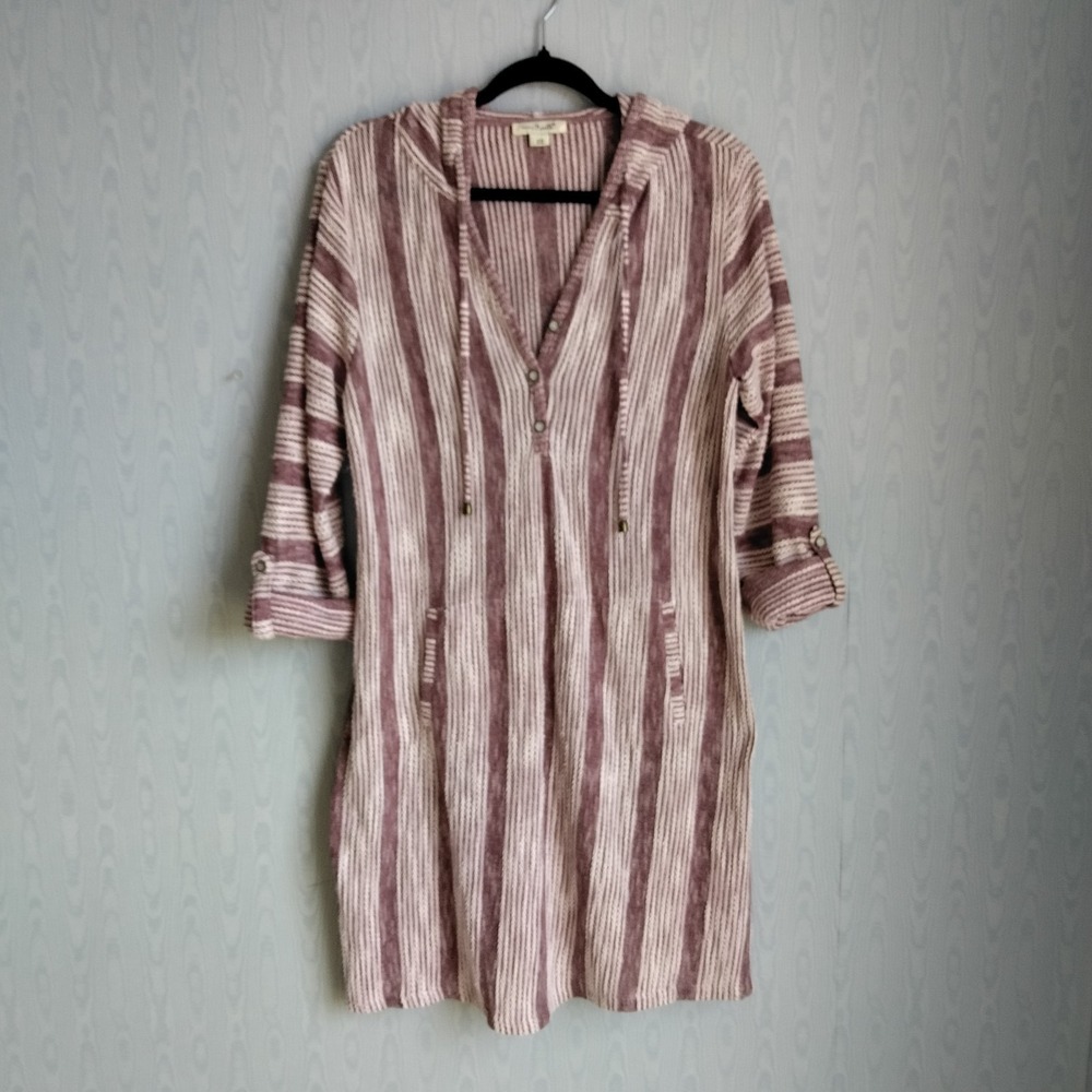Simply Noelle S/M Hoodie Dress Striped Roll Tab Sleeve Boho Hippie Pink White